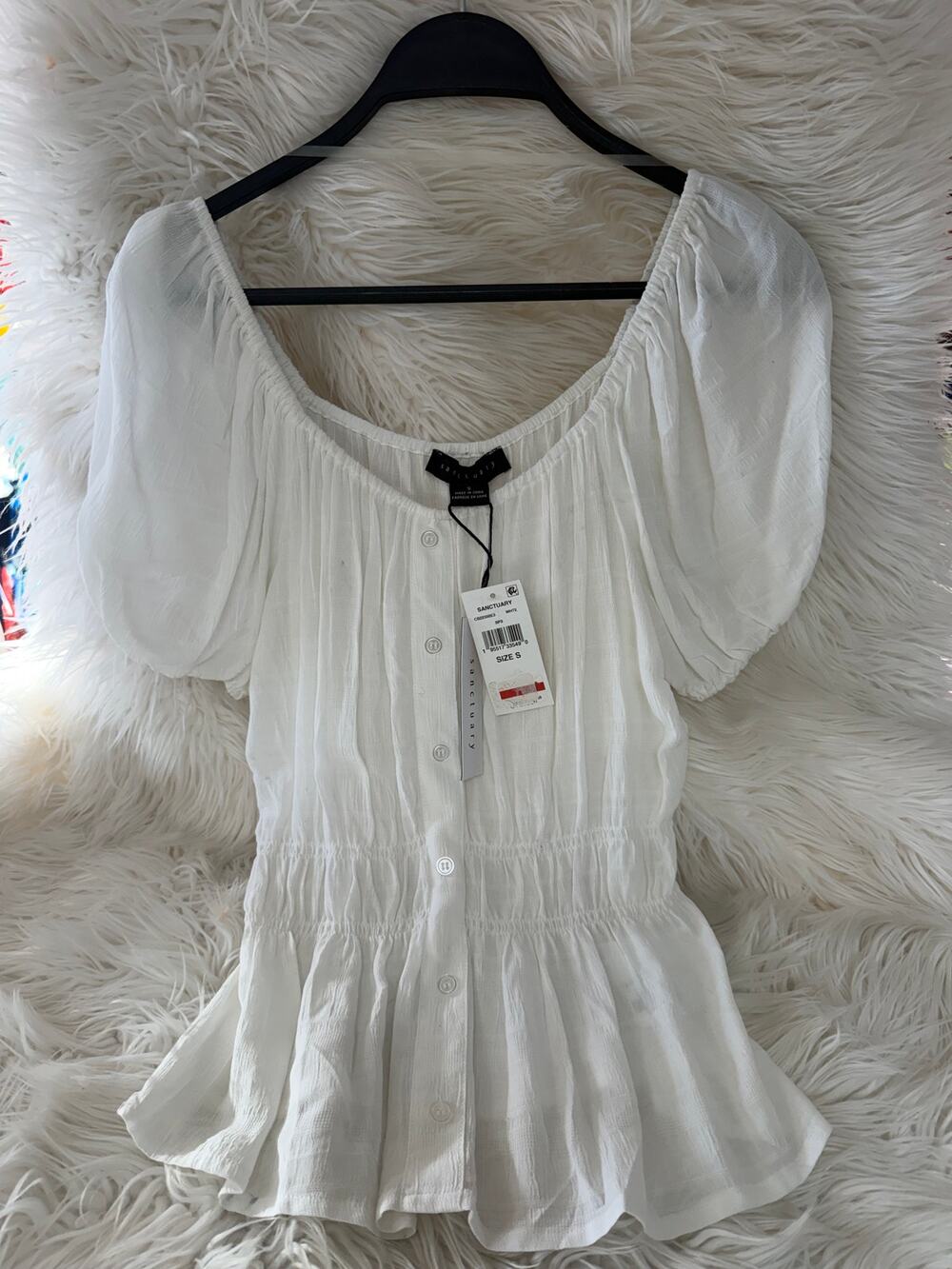 Sanctuary Women's White Short Puff Sleeve Button Front Peplum Blouse Top Size S